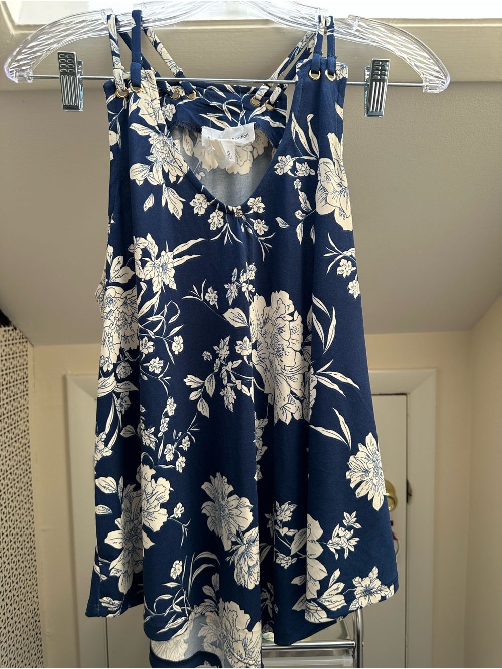 Women's Navy Floral Swing Tank Top with Cream Print